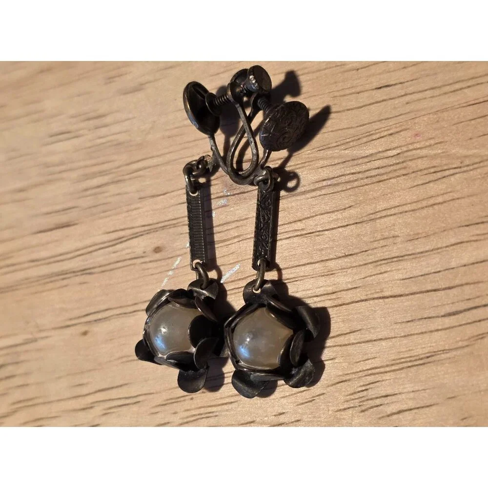 Vintage Screw‎ Back Floral Drop Earrings With Faux Pearl Accents